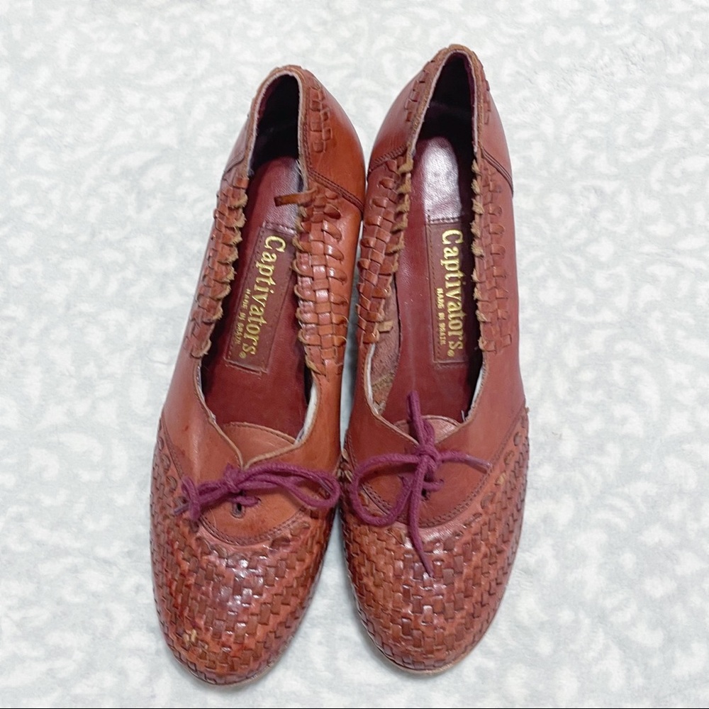 Vintage Woven Wedges 70s Captivators Brown Leather Tie Oxford Heels - Picture 2 of 12